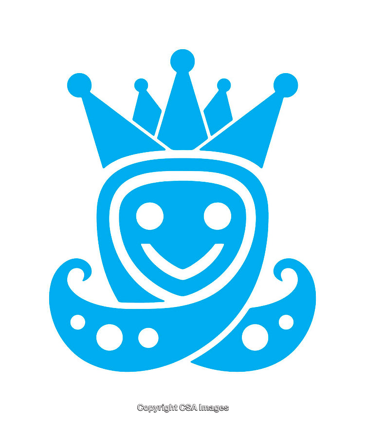 Blue Crowned Smiling Face Icon with Swirl Elements on White Background