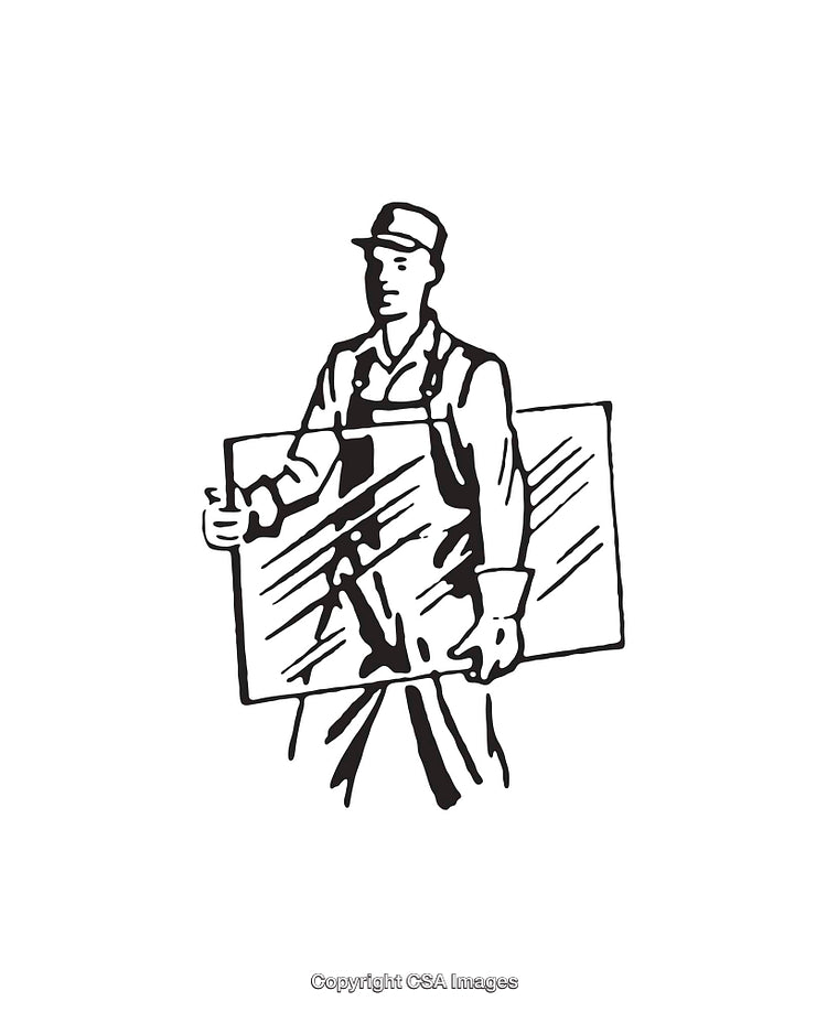 Black And White Line Art of a Worker Carrying a Large Pane