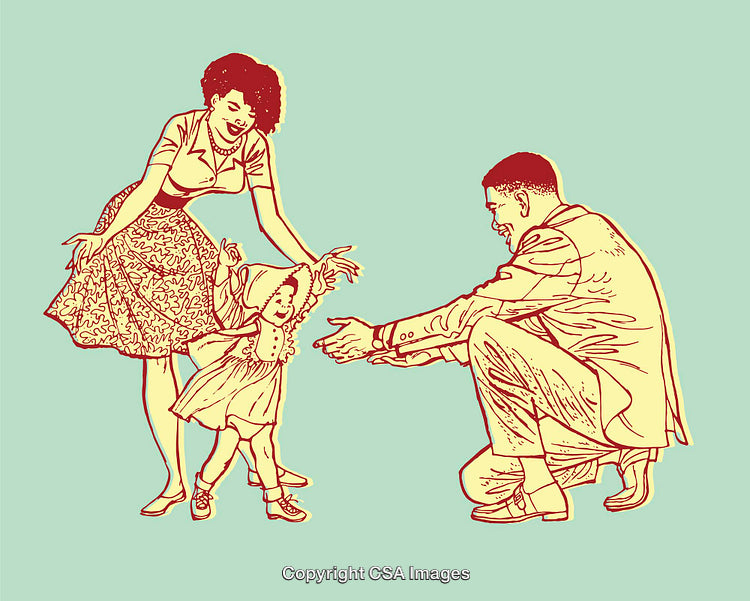 Family Bonding in Retro Style Color Line Art Illustration