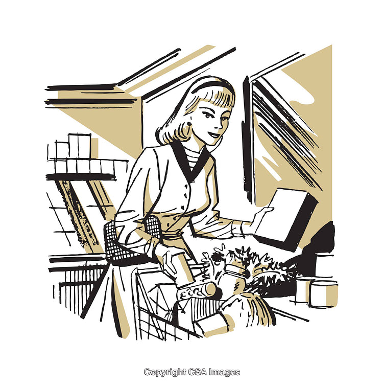 Vintage Illustration of a Woman Shopping for Groceries in a Supermarket