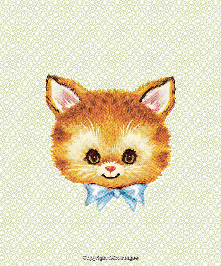 Cute Cartoon Kitten Portrait With Blue Bow on Decorative Pattern Background