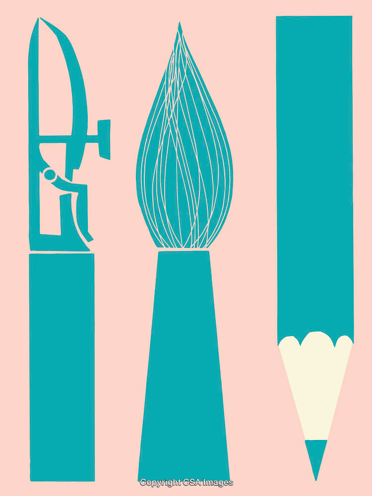 Abstract Minimalist Illustration Featuring Pen, Brush, and Pencil Designs