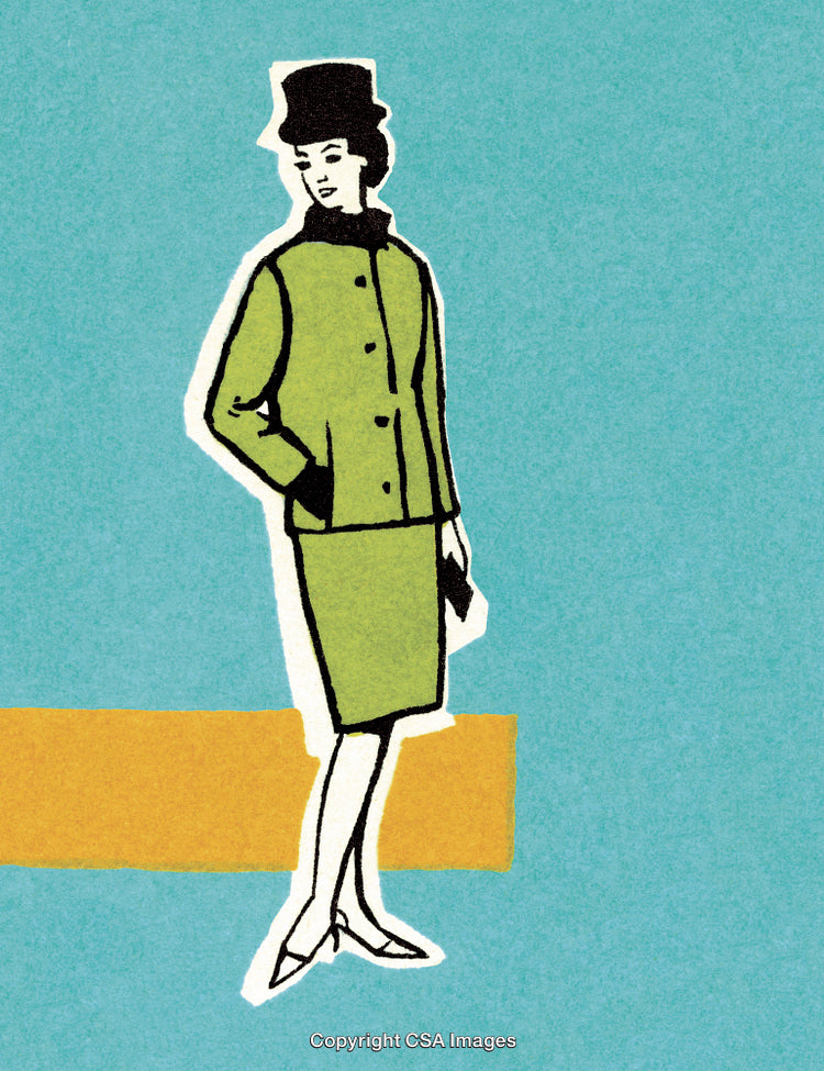 Retro Illustration of Woman in Green Coat and Skirt with Hat on Blue