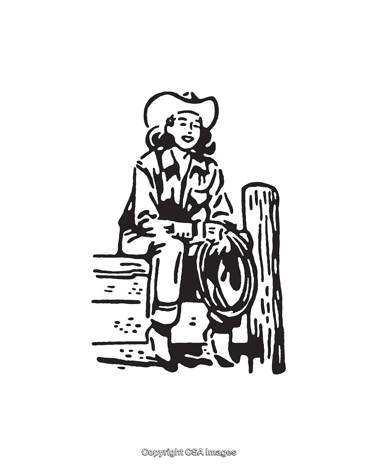 Black and White Illustration of a Western Woman with Cowboy Hat and Rope
