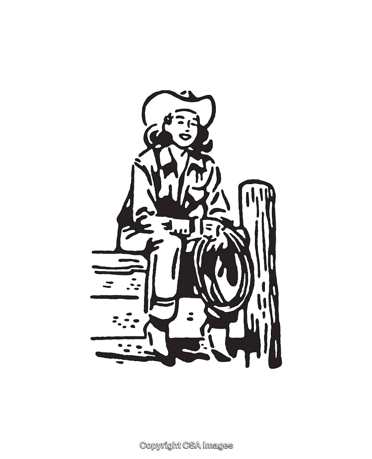 Black and White Illustration of a Western Woman with Cowboy Hat and Rope