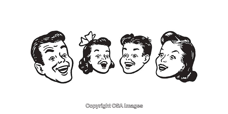 Vintage Black and White Illustration of a Happy Family Line Art