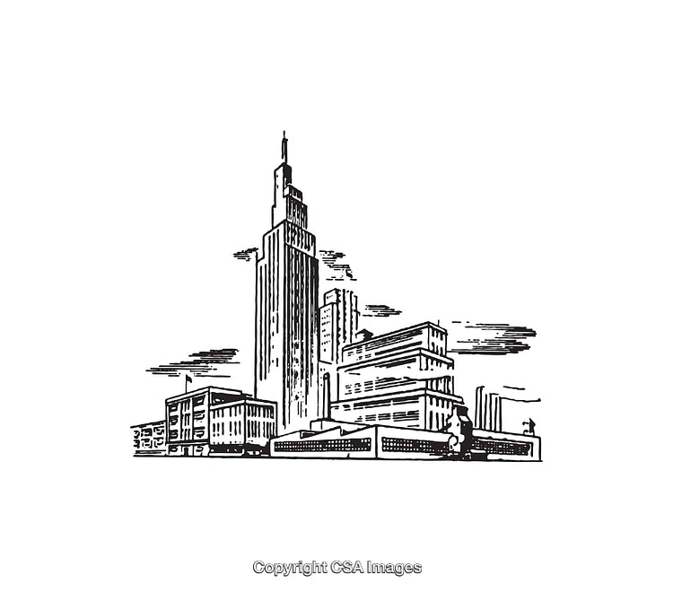 Black and White Illustration of a Skyscraper With Urban Landscape
