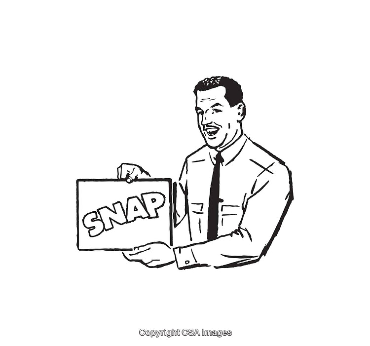 Retro Style Businessman Presenting Sign With Perfect Confidence in Black and White