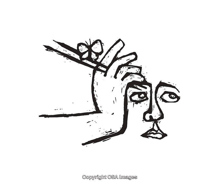 Abstract Black and White Line Art Depicting a Face and Butterfly
