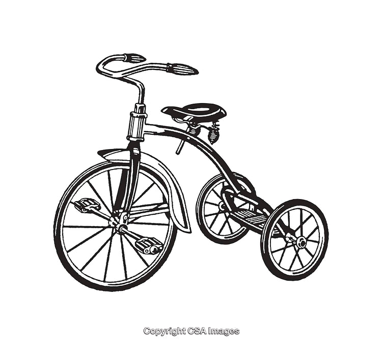 Vintage Black And White Line Art Illustration of a Tricycle