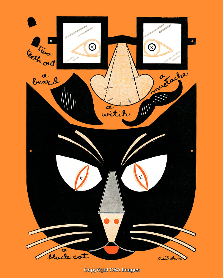 Stylized Black Cat Illustration Featuring Whimsical Halloween Accessories on Orange Background