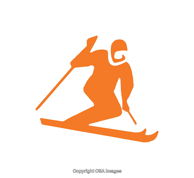 Orange Ski Icon Depicting a Skier in Dynamic Motion