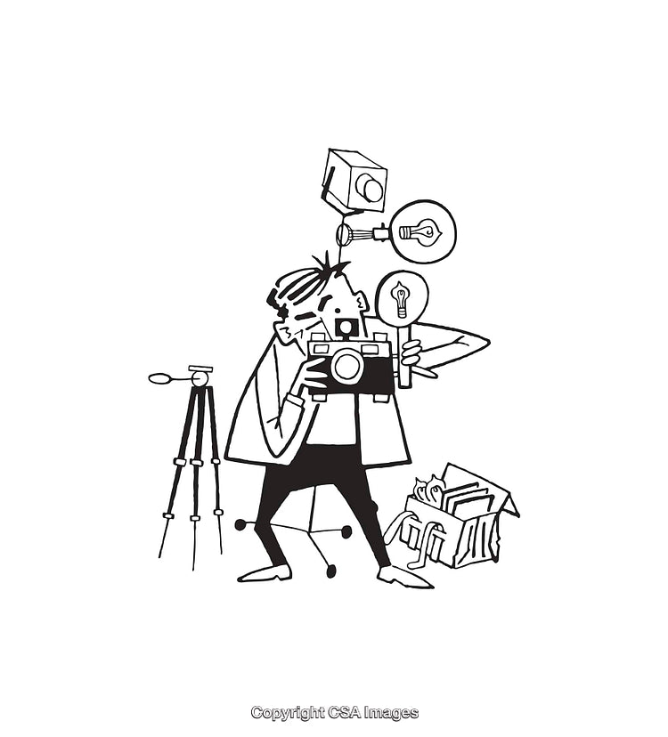 Black and White Line Art of Photographer with Camera and Equipment