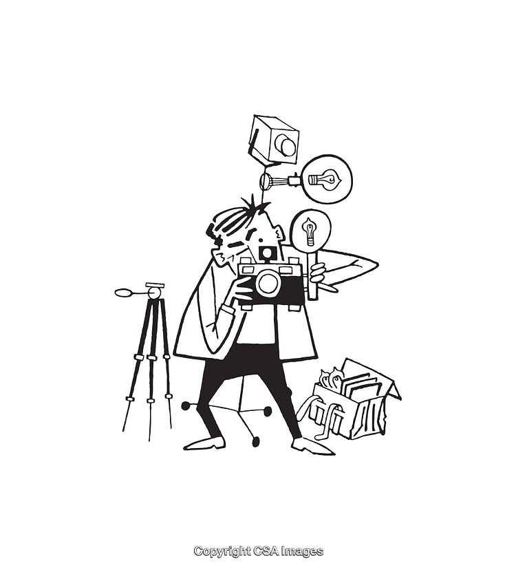 Black and White Line Art of Photographer with Camera and Equipment