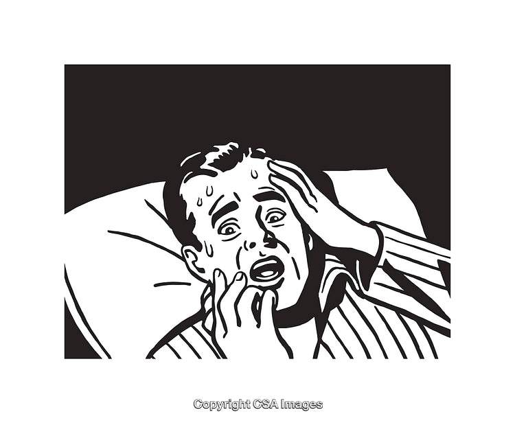 Black and White Illustration of a Man Experiencing Intense Fear in Bed