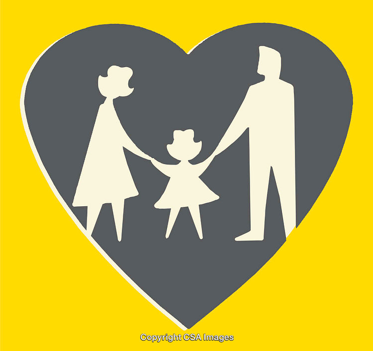 Illustrated Silhouette of Family Holding Hands Inside a Heart on Yellow Background