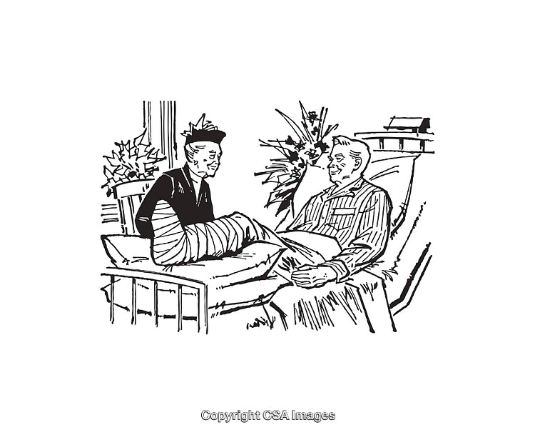 Vintage Line Art of Hospital Visit Scene with Flowers and Smiling Friends