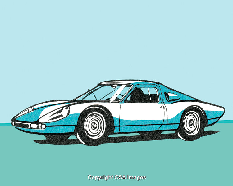 Classic Sports Car Illustration in Retro Style with Blue and White Colors