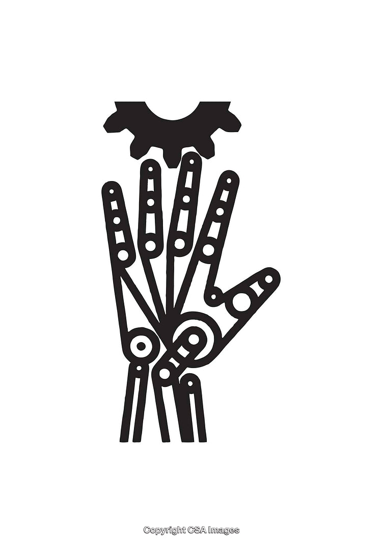 Stylized Black and White Icon of Robotic Hand and Gear