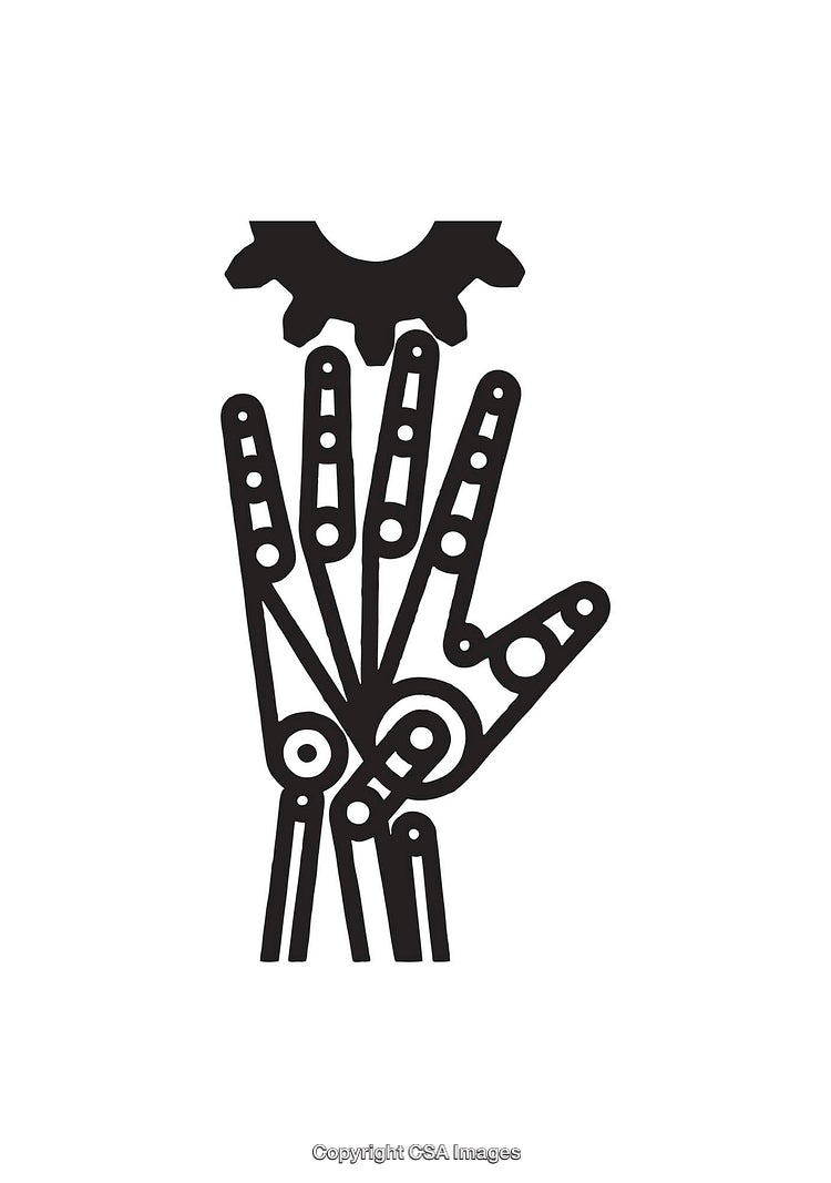 Stylized Black and White Icon of Robotic Hand and Gear
