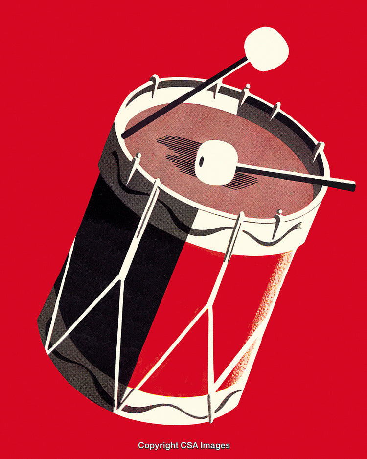 Vintage Style Drum Illustration on a Bright Red Background