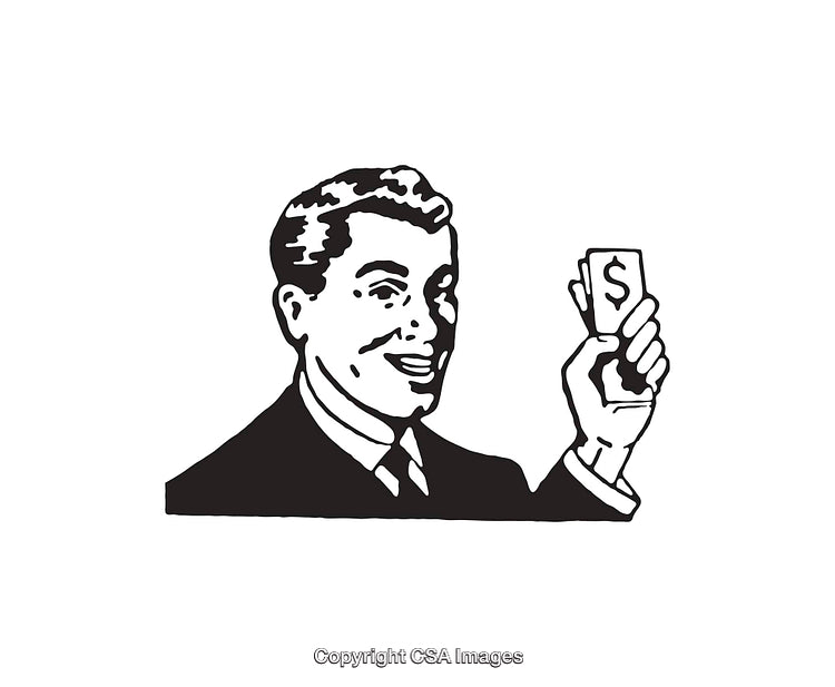 Retro Black and White Illustration of Businessman Holding Money