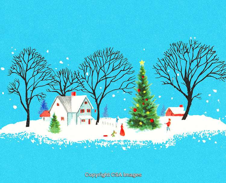 Charming Winter Scene With Snowy Landscape and Decorated Christmas Tree