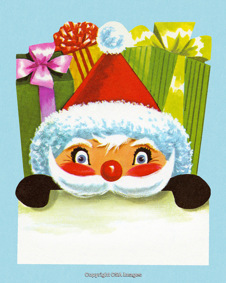 Festive Santa Claus Illustration With Colorful Christmas Gift Boxes on Blue Background