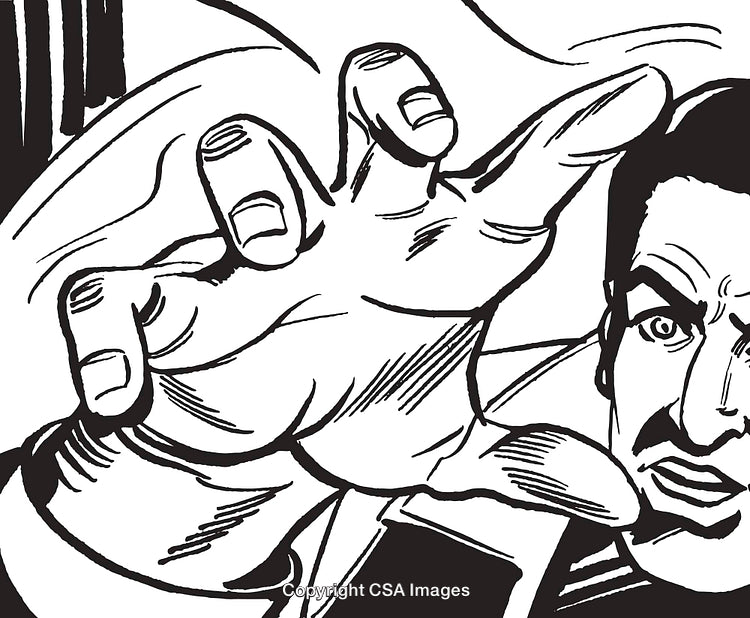 Retro Comic Style Illustration of a Reaching Hand and Surprised Expression