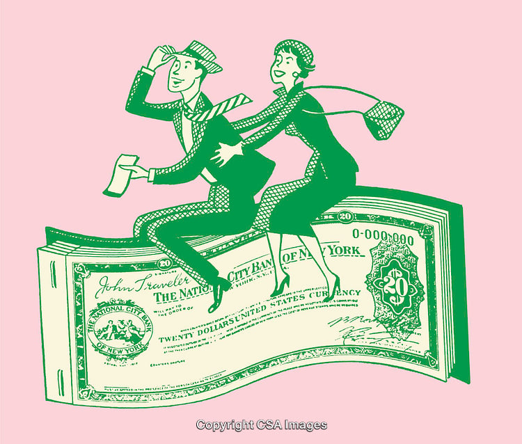 Retro Illustration of a Couple Riding a Giant Dollar Bill