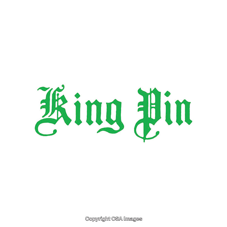 Green Gothic Calligraphy Text Spelling 'King Pin' on White Background