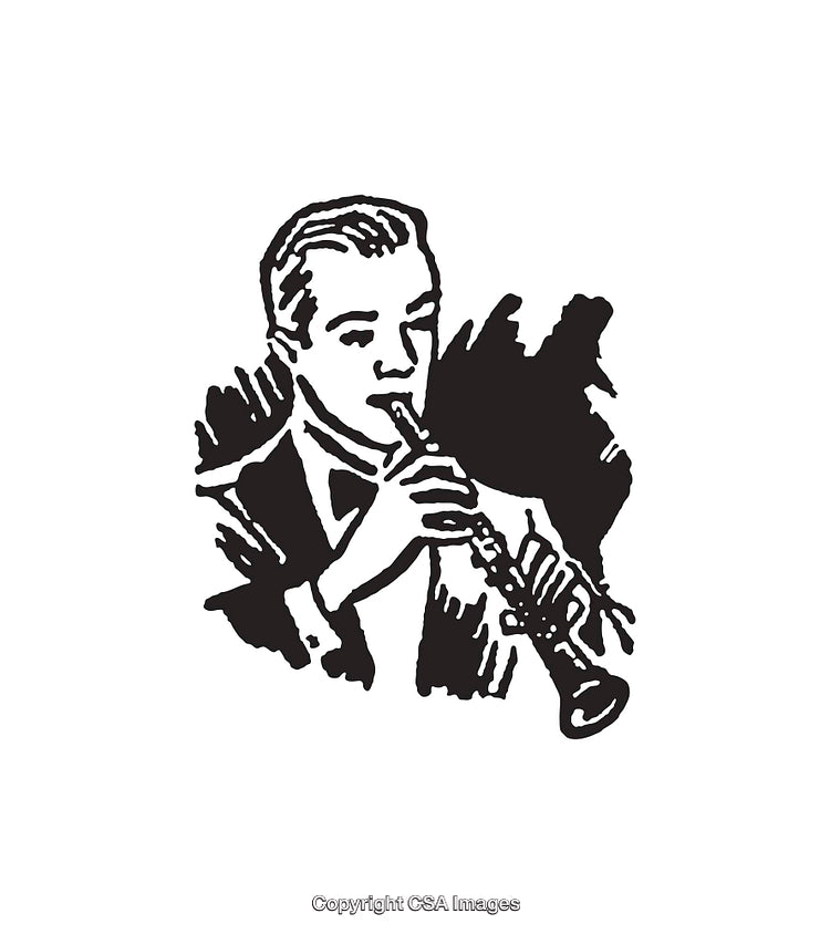Vintage Black and White Line Art of Man Playing Clarinet Instrument