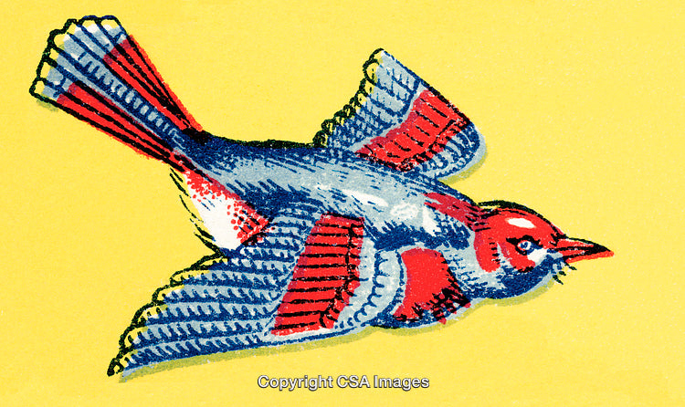 Illustration of a Colorful Bird Flying Against a Bright Yellow Background