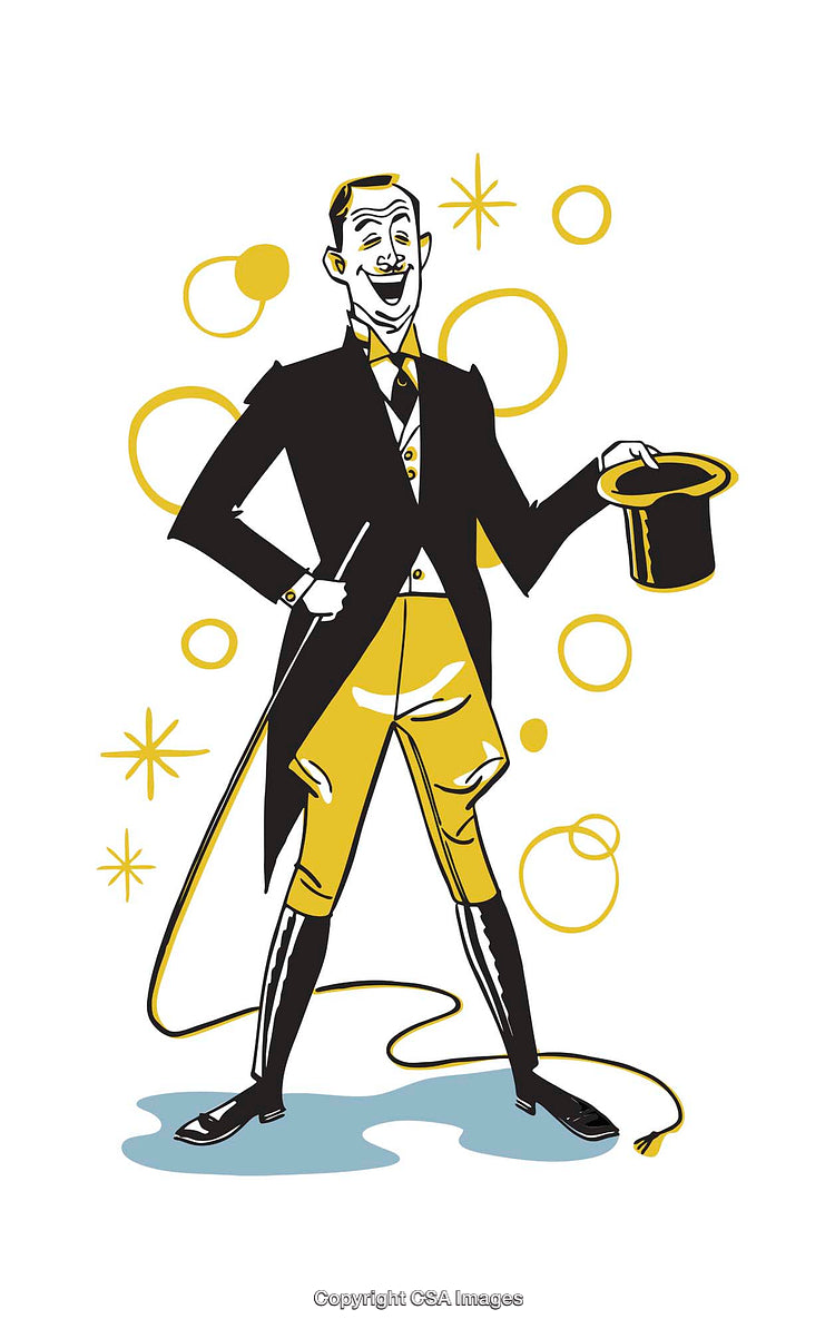 Stylized Illustration of a Cheerful Man in a Suit Holding a Top Hat