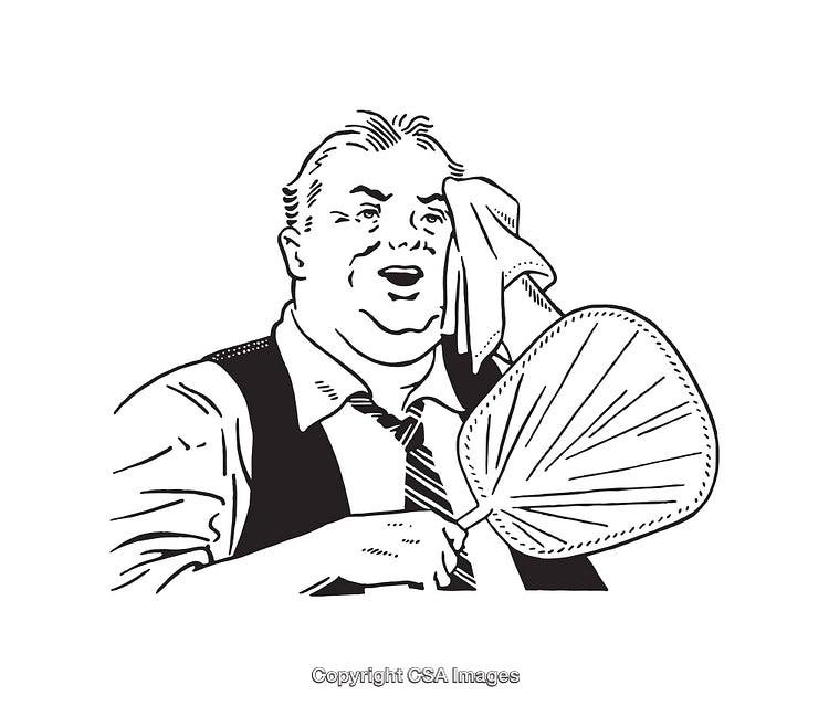 Black and White Illustration of a Man Relaxing Under Heat with a Fan