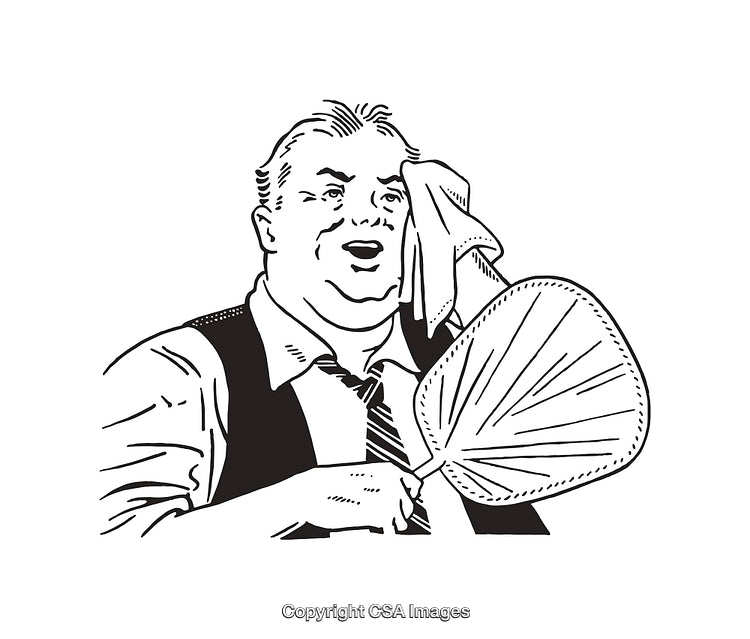Black and White Illustration of a Man Relaxing Under Heat with a Fan