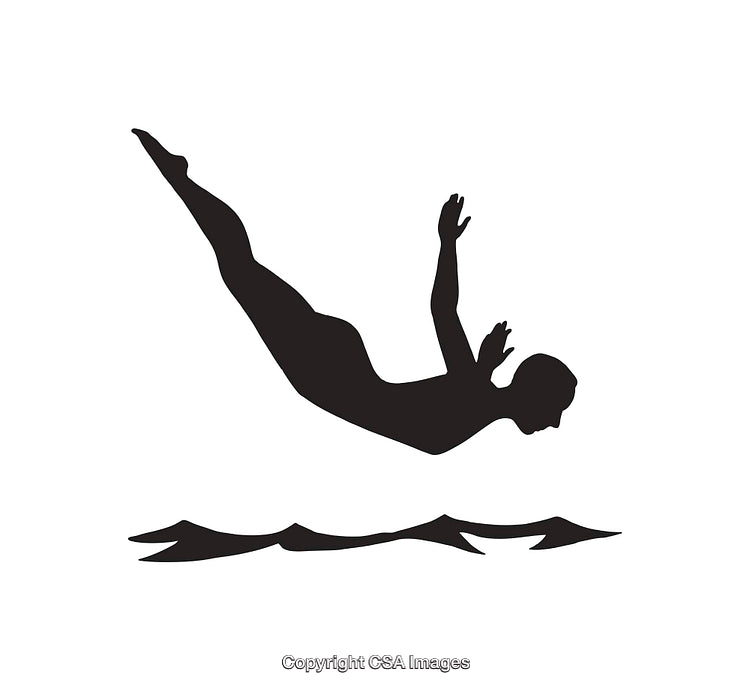 Silhouette of Diver Mid-Flight Over Stylized Waves in Black and White