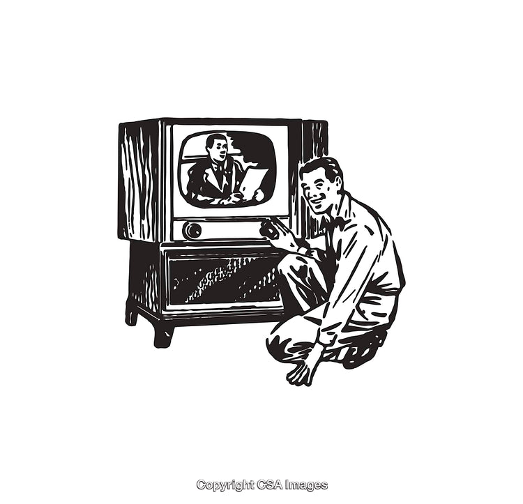 Retro Illustration of a Man Adjusting an Old Television Set
