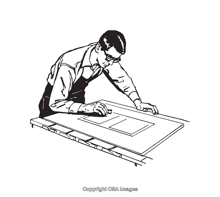Black and White Illustration of a Man Drafting on a Drawing Table