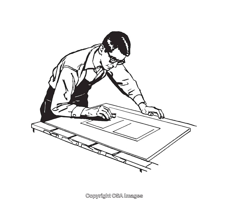 Black and White Illustration of a Man Drafting on a Drawing Table