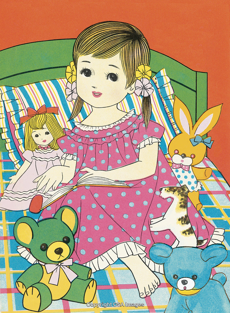 Illustration of a Girl Reading with Toys on a Patterned Blanket