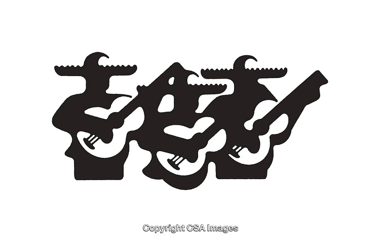 Silhouette Illustration Featuring Three Musicians Playing Guitars with Hats