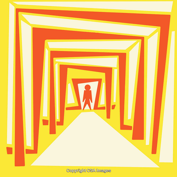 Bright Geometric Line Art with Silhouette in Tunnel Perspective