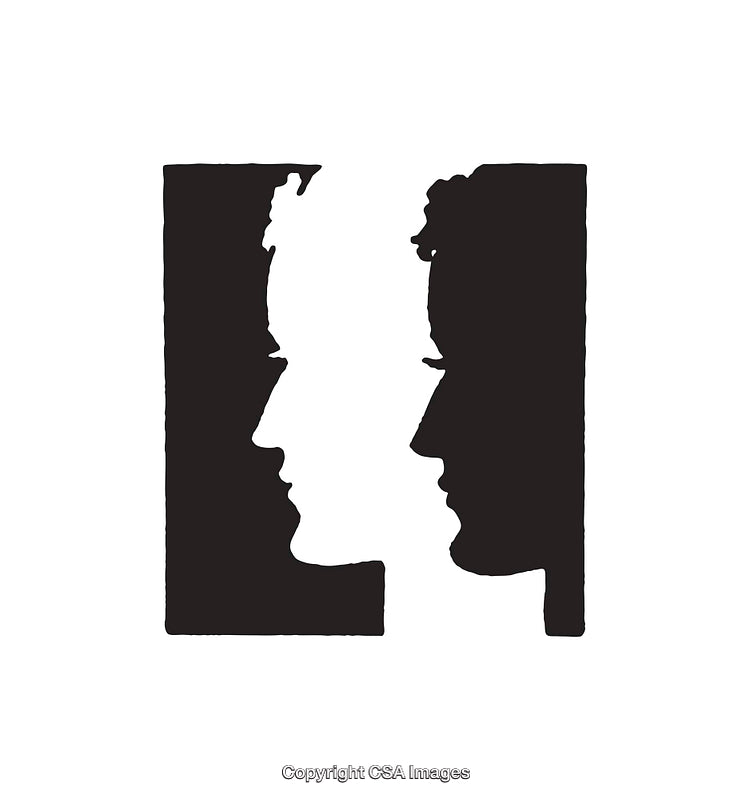 Black and White Optical Illusion with Faces and Geometric Patterns