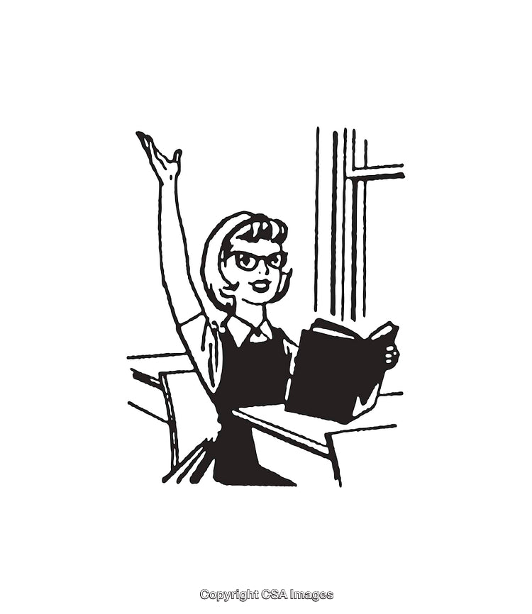 Vintage Line Art Illustration of a Student Participating in Class Discussion