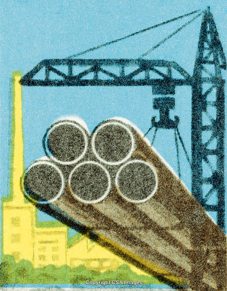 Industrial Scene With Steel Pipes and Crane at a Factory Site