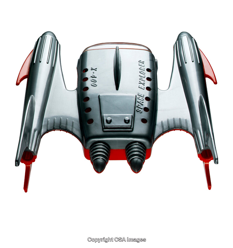 Retro Futuristic Plastic Spaceship Toy With Red and Silver Detailing