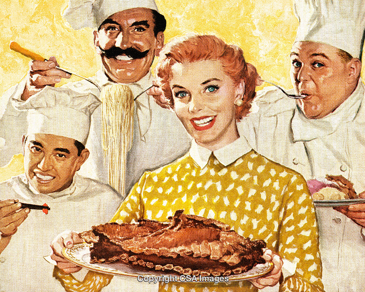 Retro Culinary Scene with Smiling Chefs and Displayed Roast Dish