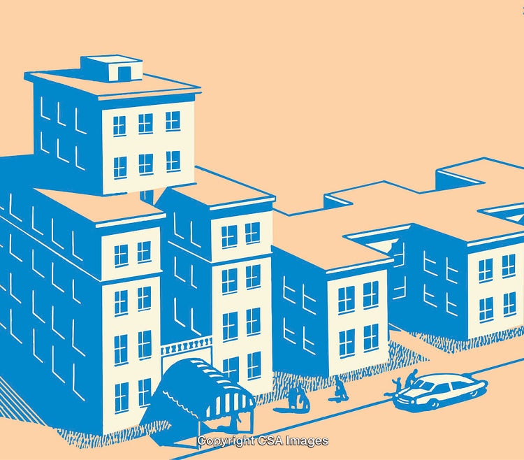 Modern Building Complex in Blue and Peach Tones Line Art Design