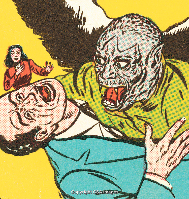 Retro Comic Style Illustration of a Monster Attacking a Person